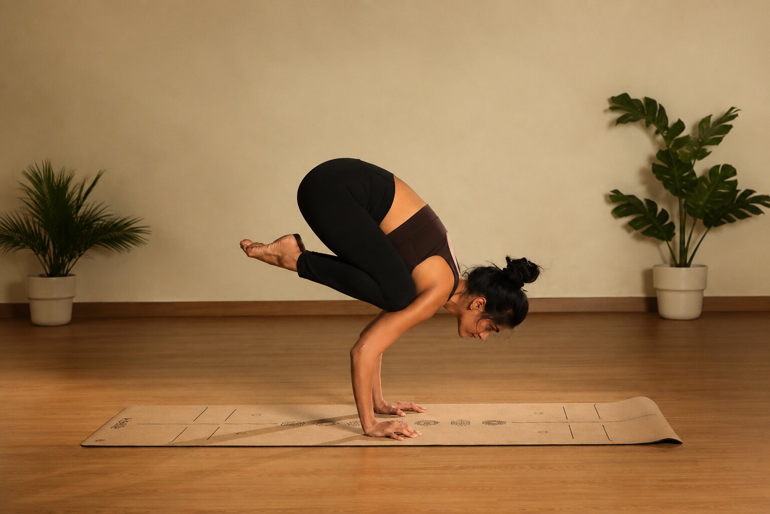 Bakasana crane pose arm balance demonstrated in a Vinyasa yoga class